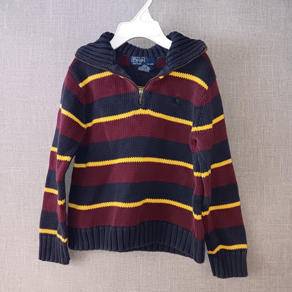 Polo Ralph Lauren Other - Polo Ralph Lauren Boys Striped Quarter Zip Sweater‎ Maroon Navy Yellow 4 Logo